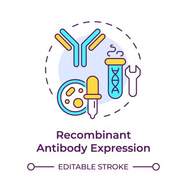 Rekombinant antikor ifadesi çok renkli konsept simgesi. Üretim süreci. Biyoteknoloji. Protein sentezi. Yuvarlak şekil çizimi. Soyut bir fikir. Grafik tasarımı. Makalede kullanması kolay 