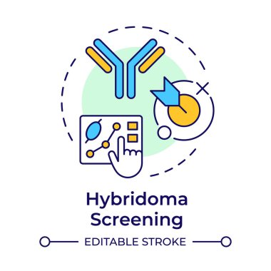 Hibridoma tarama çok renkli konsept simgesi. Antikor üretim süreci. Hücreler test ediliyor. Veri analizi Yuvarlak şekil çizimi. Soyut bir fikir. Grafik tasarımı. Makalede kullanması kolay