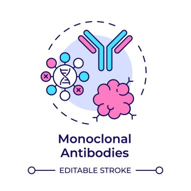 Monoklonal antikorlar çok renkli konsept ikonu. İmmünoterapi tipi. Kanser tedavisi. Antikorlar. Yuvarlak şekil çizimi. Soyut bir fikir. Grafik tasarımı. Makalede kullanması kolay