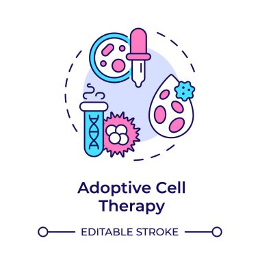 Evlat edinme hücre terapisi çok renkli konsept ikonu. İmmünoterapi tipi. Kanser tedavisi. Laboratuvar ekipmanları. Yuvarlak şekil çizimi. Soyut bir fikir. Grafik tasarımı. Makalede kullanması kolay