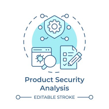 Ürün güvenlik analizi yumuşak mavi konsept ikonu. Ters mühendislik uygulaması. Savunmasızlıkları değerlendir. Yuvarlak şekil çizimi. Soyut bir fikir. Grafik tasarımı. Makalede kullanması kolay