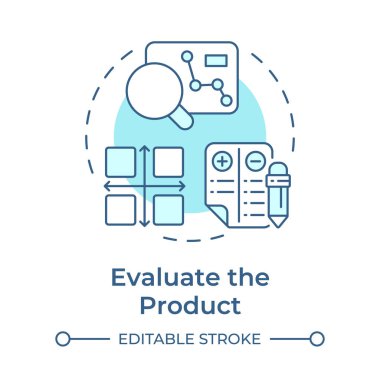 Ürün yumuşak mavi konsept simgesini değerlendir. Ters mühendislik işlemi. Değerlendirme ve analiz konsepti. Yuvarlak şekil çizimi. Soyut bir fikir. Grafik tasarımı. Makalede kullanması kolay