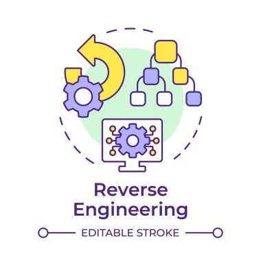 Ters mühendislik çok renkli konsept simgesi. Sistem dekonstrüksiyonu ve teknik analiz. İşlemi tersine çevirin. Yuvarlak şekil çizimi. Soyut bir fikir. Grafik tasarımı. Makalede kullanması kolay