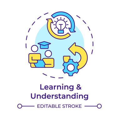 Çok renkli konsept simgesi öğrenmek ve anlamak. Yeniden mühendislik uygulamaları. Yetenek geliştirme. Yuvarlak şekil çizimi. Soyut bir fikir. Grafik tasarımı. Makalede kullanması kolay