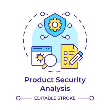 Ürün güvenlik analizi çok renkli konsept simgesi. Ters mühendislik uygulaması. Savunmasızlıkları değerlendir. Yuvarlak şekil çizimi. Soyut bir fikir. Grafik tasarımı. Makalede kullanması kolay