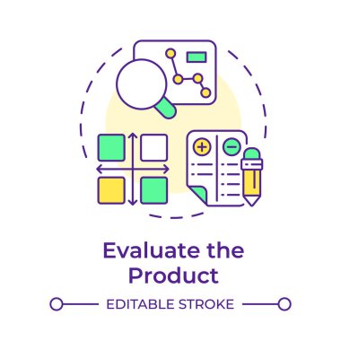 Ürün çok renkli konsept simgesini değerlendir. Ters mühendislik işlemi. Değerlendirme ve analiz. Yuvarlak şekil çizimi. Soyut bir fikir. Grafik tasarımı. Makalede kullanması kolay