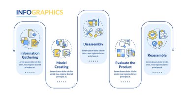 Ters mühendislik süreci dikdörtgen bilgi vektörü. Bilgi toplama. Model yaratımı. Veri görselleştirmesi 5 adımda. Düzenlenebilir dikdörtgen seçenekler çizelgesi. Kullanılan Lato Kalın, Düzenli yazı tipleri