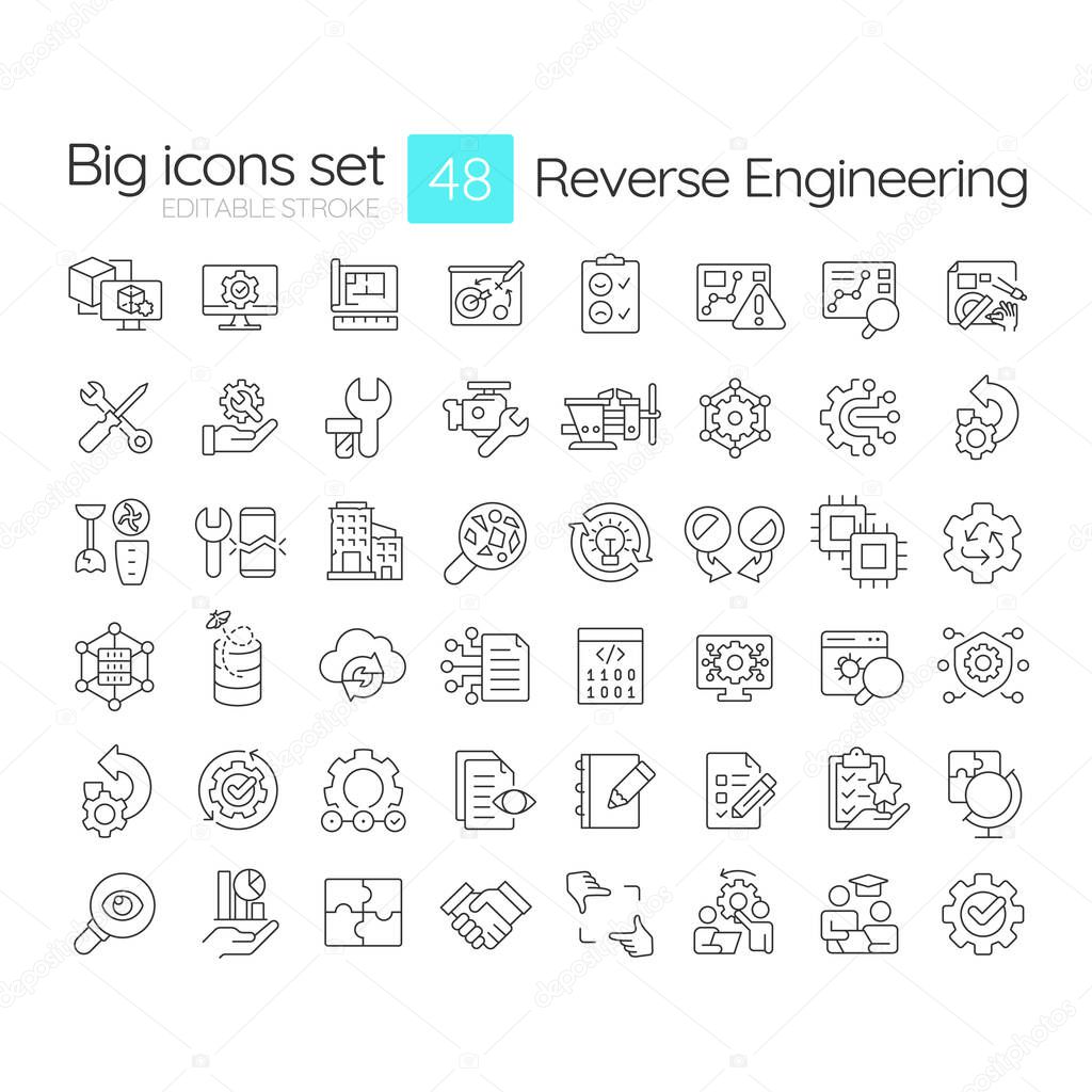 Reverse engineering linear icons set. Various tools, processes associated with reengineering and analysis. Customizable thin line symbols. Isolated vector outline illustrations. Editable stroke