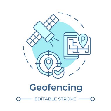 Yumuşak mavi kavram simgesi oluşturuluyor. Uydu takibi, konum belirleme. Aygıt yönetimi. Yuvarlak şekil çizimi. Soyut bir fikir. Grafik tasarımı. Bilgide ve sunumda kullanması kolay