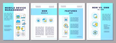 Mobil cihaz yönetim broşürü. Çizgisel simgeli broşür tasarımı. Sunum için düzenlenebilir 4 vektör düzeni, yıllık raporlar. Arial-Black, Kullanılan Myriad Pro-Normal yazı tipleri