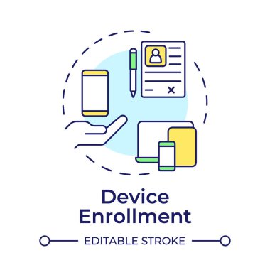 Aygıt kayıt çok renkli konsept simgesi. Bitiş noktası güvenliği, erişim kontrolü. Profil verileri. Yuvarlak şekil çizimi. Soyut bir fikir. Grafik tasarımı. Bilgide ve sunumda kullanması kolay