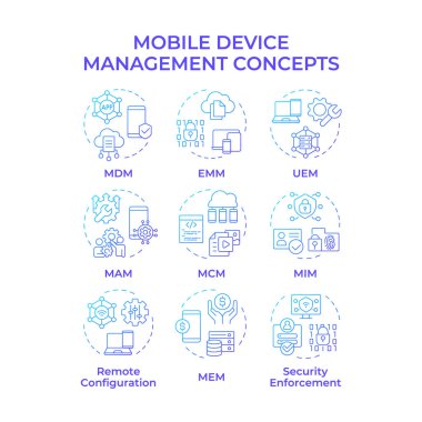 Mobil cihaz yönetimi mavi gradyan kavram simgeleri. Veri kontrol, güvenlik. Gizlilik koruması, şirket. Simge paketi. Vektör görüntüleri. Bilgi için yuvarlak şekilli çizimler. Soyut fikir