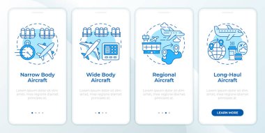 Mobil uygulama ekranında mavi renkli uçaklar var. Doğrusal kavramlarla düzenlenebilir grafik yönergelerini dört adımda gözden geçir. UI, UX, GUI şablonu. Montserrat Yarı Kalın, Düzenli yazı tipleri