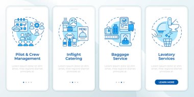 Uçak bakım mavisi mobil uygulama ekranında. Doğrusal kavramlarla düzenlenebilir grafik yönergelerini dört adımda gözden geçir. UI, UX, GUI şablonu. Montserrat Yarı Kalın, Düzenli yazı tipleri