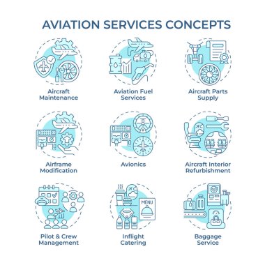 Havacılık hizmetleri yumuşak mavi konsept simgeleri. Havayolu idaresi, havacılık. Mürettebat eğitimi, sertifika. Simge paketi. Vektör görüntüleri. Bilgi için yuvarlak şekilli çizimler. Soyut fikir