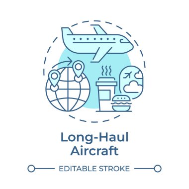 Long-haul aircraft soft blue concept icon. Inflight food, customer comfort. Transportation, travelling. Round shape line illustration. Abstract idea. Graphic design. Easy to use in infographic