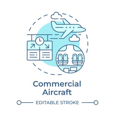 Ticari uçak yumuşak mavi konsept ikonu. Havayolu şirketi, havacılık hizmetleri. Yuvarlak şekil çizimi. Soyut bir fikir. Grafik tasarımı. Bilgide ve sunumda kullanması kolay