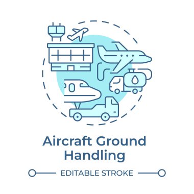 Hava araçları, yumuşak mavi konsept ikonu kullanıyor. Uçak yönetimi, uçak bakımı. Yuvarlak şekil çizimi. Soyut bir fikir. Grafik tasarımı. Bilgide ve sunumda kullanması kolay