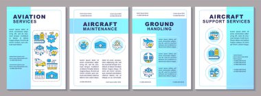 Havacılık Hizmetleri broşürü. Havayolu yönetimi. Çizgisel simgeli broşür tasarımı. Sunum için düzenlenebilir 4 vektör düzeni, yıllık raporlar. Arial-Black, Kullanılan Myriad Pro-Normal yazı tipleri