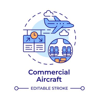 Ticari uçak çok renkli konsept ikonu. Havayolu şirketi, havacılık hizmetleri. Yuvarlak şekil çizimi. Soyut bir fikir. Grafik tasarımı. Bilgide ve sunumda kullanması kolay