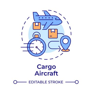 Kargo uçağı çok renkli konsept simgesi. Ulaşım, lojistik. Havacılık hizmetleri, nakliye. Yuvarlak şekil çizimi. Soyut bir fikir. Grafik tasarımı. Bilgide ve sunumda kullanması kolay