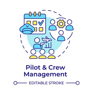 Pilot mürettebat yönetimi çok renkli konsept simgesi. Uçak personeli, profesyonel. Havacılık hizmetleri. Yuvarlak şekil çizimi. Soyut bir fikir. Grafik tasarımı. Bilgide kullanması kolay