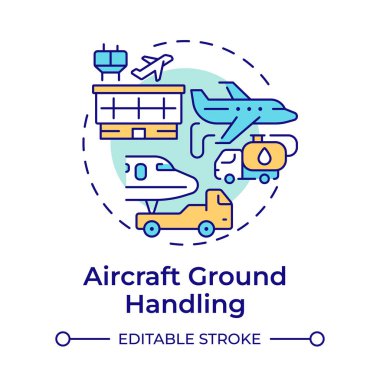 Uçak zemininde çok renkli konsept simgesi kullanılıyor. Uçak yönetimi, uçak bakımı. Yuvarlak şekil çizimi. Soyut bir fikir. Grafik tasarımı. Bilgide ve sunumda kullanması kolay