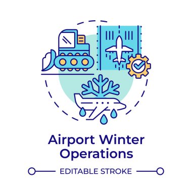 Havaalanı kış operasyonları çok renkli konsept simgesi. Saha servisi, temizleme. Mühendislik, uçak. Yuvarlak şekil çizimi. Soyut bir fikir. Grafik tasarımı. Bilgide kullanması kolay