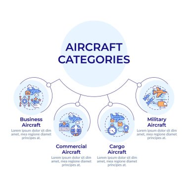 Uçaklar farklı kategorilerde dairesel diyagram bilgisi. Ticari hava araçları. Veri görselleştirmesi ve 4 seçenek. Hiyerarşi çizelgesi. Montserrat Yarı Kalın, Lato Düzenli yazı tipleri