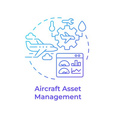 Uçak varlık yönetimi mavi gradyan konsept simgesi. Uçak bakımı, mühendislik. Yuvarlak şekil çizimi. Soyut bir fikir. Grafik tasarımı. Bilgide ve sunumda kullanması kolay