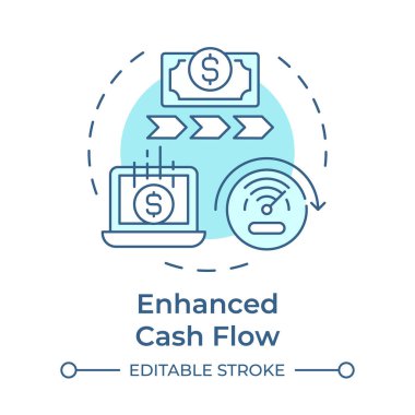 Geliştirilmiş nakit akışı yumuşak mavi konsept ikonu. Çalışan sermayeyi arttırır. Çarpanlarına ayırmanın faydaları. Mali likidite. Yuvarlak şekil çizimi. Soyut bir fikir. Grafik tasarımı. Makalede kullanması kolay