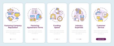 Mobil uygulama ekranında faktoring şirketi seçiliyor. Doğrusal kavramlarla düzenlenebilir grafik yönergelerini 5 adımda gezdir. UI, UX, GUI şablonu. Montserrat Yarı Kalın, Düzenli yazı tipleri