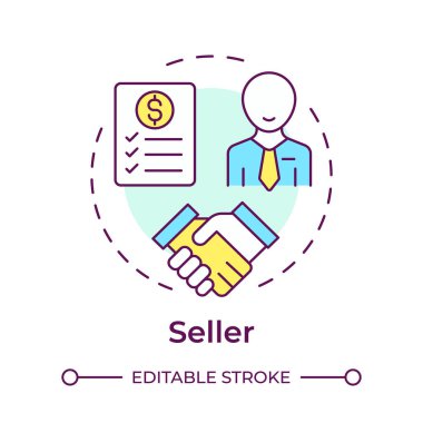 Satıcı çok renkli konsept simgesi. Çarpanlara ayırma partisi. İş müşterisi. Finansal anlaşma. Satış anlaşması. Yuvarlak şekil çizimi. Soyut bir fikir. Grafik tasarımı. Makalede kullanması kolay