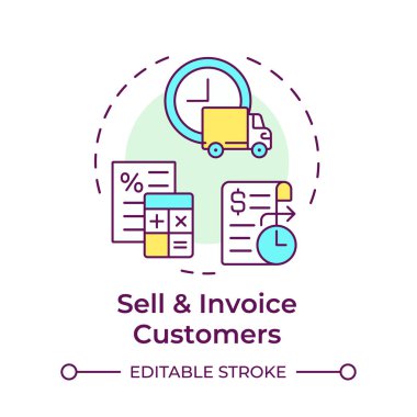 Müşterilere çok renkli konsept simgesi sat ve fatura kes. Çarpanlarına ayırma işlemi. Borç işlemi detayları. Yuvarlak şekil çizimi. Soyut bir fikir. Grafik tasarımı. Makalede kullanması kolay