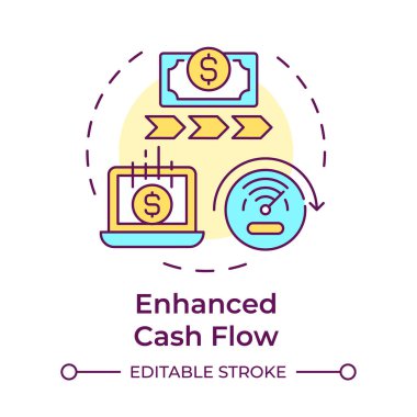 Geliştirilmiş nakit akışı çok renkli konsept simgesi. Çalışan sermayeyi arttırır. Çarpanlarına ayırmanın faydaları. Mali likidite. Yuvarlak şekil çizimi. Soyut bir fikir. Grafik tasarımı. Makalede kullanması kolay