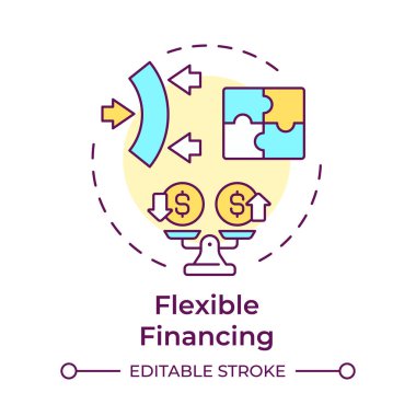 Esnek finansman çok renkli konsept simgesi. Çarpanlarına ayırmanın faydaları. Uyumlu çözümler. Dolar işaretleriyle pullar. Yuvarlak şekil çizimi. Soyut bir fikir. Grafik tasarımı. Makalede kullanması kolay