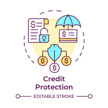Kredi koruma çok renkli konsept simgesi. Çarpanlarına ayırmanın faydaları. Kredi riskine karşı mali güvenlik. Yuvarlak şekil çizimi. Soyut bir fikir. Grafik tasarımı. Makalede kullanması kolay