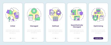 Veri yönetimi olgunluk modeli mobil uygulama ekranında. Doğrusal kavramlarla düzenlenebilir grafik yönergelerini 5 adımda gezdir. UI, UX, GUI şablonu. Montserrat Yarı Kalın, Düzenli yazı tipleri