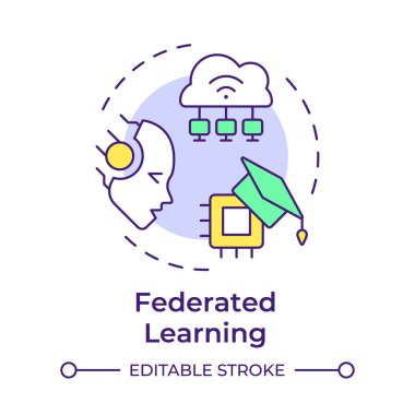 Federasyon öğrenme çok renkli konsept simgesi. Gizlilik geliştirme teknolojileri. Ademi merkeziyetçi öğrenme. Yuvarlak şekil çizimi. Soyut bir fikir. Grafik tasarımı. Makalede kullanması kolay