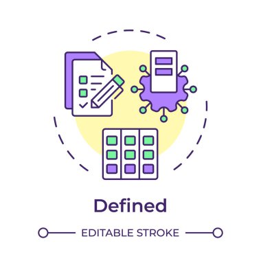 Tanımlanmış çok renkli sahne konsept simgesi. Veri yönetimi olgunluk modeli. Standart süreçler ve yönergeler. Yuvarlak şekil çizimi. Soyut bir fikir. Grafik tasarımı. Makalede kullanması kolay