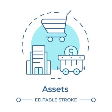 Varlıklar yumuşak mavi konsept simgesi. İş yatırımı, mülk. Kaynak yönetimi, şirket. Yuvarlak şekil çizimi. Soyut bir fikir. Grafik tasarımı. Bilgide ve sunumda kullanması kolay
