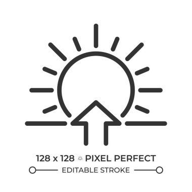 Gündoğumu doğrusal simgesi. Güneş ve yukarı doğru ok sembolü. Sabah oldu. Şafak. Geceden gündüze geçiş. İnce çizgili çizim. Contour sembolü. Vektör çizimi. Düzenlenebilir vuruş