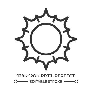 Güneş doğrusal simgesi. Güneşli havanın ya da yazın sembolü. Gökyüzü açık. Hava tahmini. Sıcak günlerle haşır neşir. İnce çizgili çizim. Contour sembolü. Vektör çizimi. Düzenlenebilir vuruş