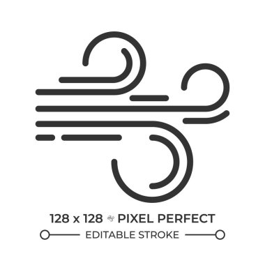 Rüzgar doğrusal simgesi. Hava tahmini. Hava hareketini, rüzgarlı havayı ya da güçlü rüzgarları sembolize eder. Fırtına ya da fırtına. İnce çizgili çizim. Contour sembolü. Vektör çizimi. Düzenlenebilir vuruş