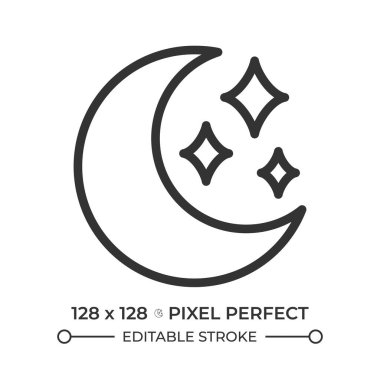 Ay doğrusal simgesi. Parlayan yıldızların eşlik ettiği hilal ayı. Gece ve sükunetin sembolü. Gece gökyüzü. İnce çizgili çizim. Contour sembolü. Vektör çizimi. Düzenlenebilir vuruş