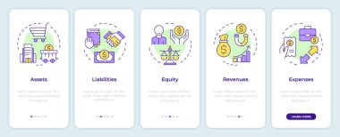General ledger onboarding mobile app screen. Financial growth. Walkthrough 5 steps editable graphic instructions with linear concepts. UI, UX, GUI template. Montserrat SemiBold, Regular fonts used clipart