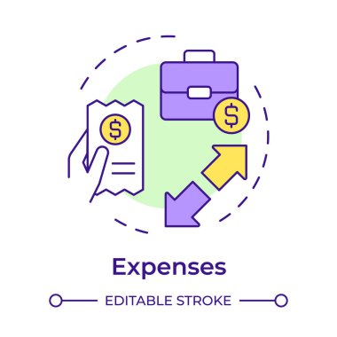 Masraflar çok renkli konsept simgesi. Şirket maliyeti, iş. Muhasebe beyanı. Yuvarlak şekil çizimi. Soyut bir fikir. Grafik tasarımı. Bilgide ve sunumda kullanması kolay