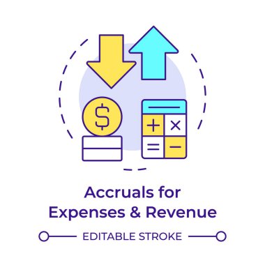 Masraflar ve gelir için yapılan kazalar çok renkli konsept simgesi. Muhasebe hesaplaması. Yuvarlak şekil çizimi. Soyut bir fikir. Grafik tasarımı. Bilgide ve sunumda kullanması kolay