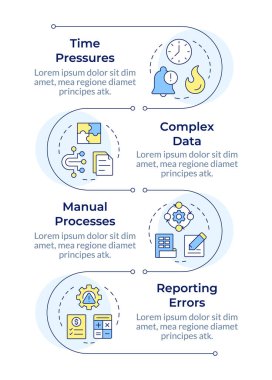 Finansal kapatma problemleri yönetim bilgisel dikey dizisi. Karmaşık veriler, iş. 4 adımlı görselleştirme bilgi tablosu. Daireler iş akışı. Montserrat Yarı Kalın, Lato Düzenli yazı tipleri