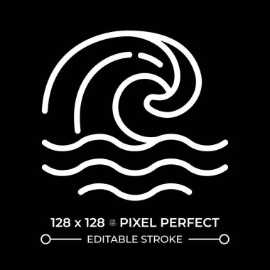 Wave white linear icon for dark theme. Symbolizing ocean tides, currents. Coastal and marine environments. Natural disaster. Thin line illustration. Isolated symbol for night mode. Editable stroke clipart